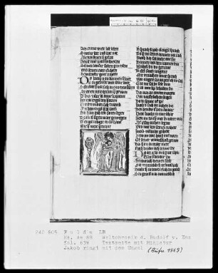 Rudolf von Ems, Weltchronik — Jakob ringt mit dem Engel, Folio 63verso