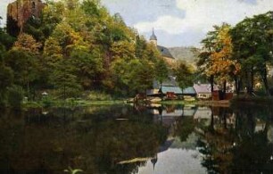 Tharandt. Burgruine und Schloßteich, kolorierte Ansichtskarte