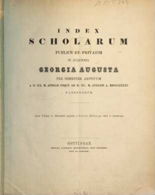 Index scholarum publice et privatim in Academia Georgia Augusta ... habendarum. SS 1881