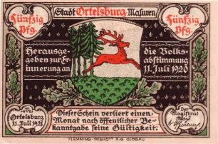 Notgeld der Stadt Ortelsburg in Masuren