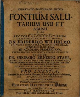 Dissertatio Inauguralis Medica De Fontium Salutarium Usu Et Abusu