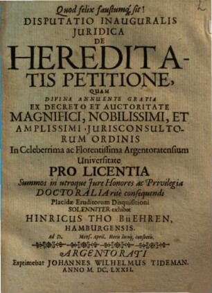 Disputatio inauguralis iuridica De hereditatis petitione