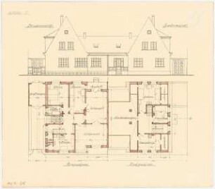 Zweifamilienhaus Monatskonkurrenz Februar 1930: (je halber) Grundriss Erdgeschoss, Dachgeschoss, (je halber) Aufriss Straßenansicht, Gartenansicht