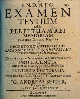 Examen Testium Ad Perpetuam Rei Memoriam