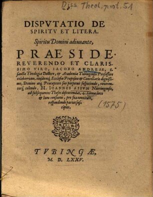 Dispvtatio De Spiritv Et Litera
