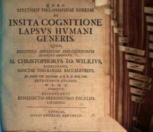 Specimen Philosophiae Sobriae De Insita Cognitione Lapsvs Hvmani Generis