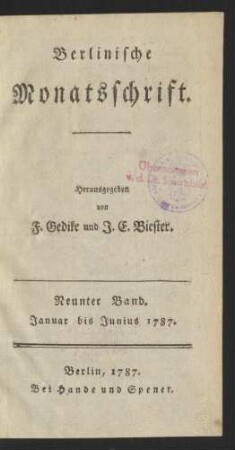 Neunter Band (Januar/Junius 1787): Berlinische Monatsschrift