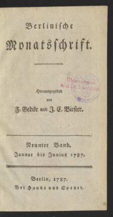 Neunter Band (Januar/Junius 1787): Berlinische Monatsschrift