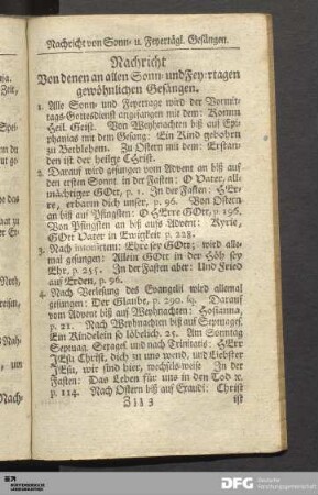 Nachricht. Von denen an allen Sonn- und Feyertagen gewöhlichen Gesängen.