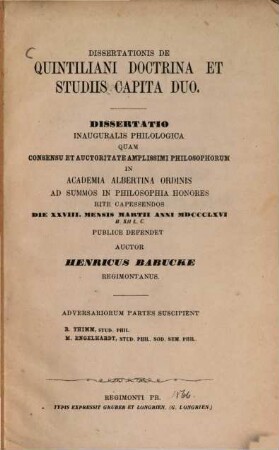 Dissertationis de Quintiliani doctrina et studiis capita duo