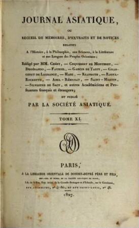 Journal asiatique : périodique semestriel. 11. 1827