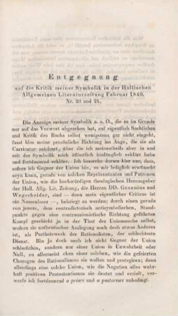 185-186 Entgegnung auf die Kritik meiner Symbolik in der Hallischen Allgemeinen Literaturzeitung Februar 1840, Nr. 20 und 21