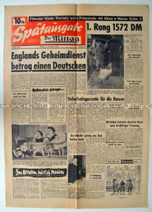 Titelseite der Spätausgabe der Tageszeitung "Der Mittag" zu Vorwürfen gegen den britischen Geheimdienst wegen der Internierung eines deutschen Staatsbürgers während des Krieges