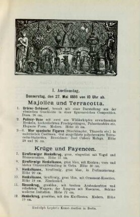 I. Auctionstag. Donnerstag, den 27. Mai 1886 von 10 Uhr ab