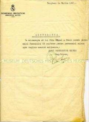 Bescheinigung über die Anfertigung von Forst-Uniformen (rumänisch) - Familienkonvolut