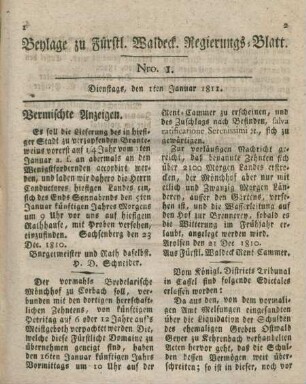 Beylage zu Fürstl. Waldeck. Regierungs-Blatt. 1sten Januar-31sten December = Nro. 1-53