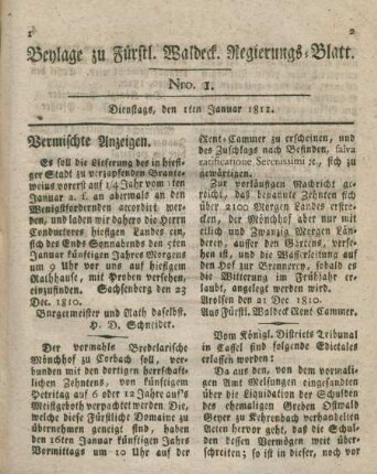 Beylage zu Fürstl. Waldeck. Regierungs-Blatt. 1sten Januar-31sten December = Nro. 1-53