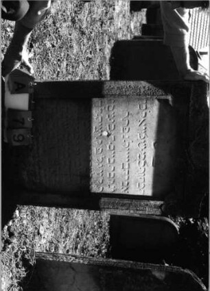 Grabstein 79 (Index: 99798171) Material: Sandstein, weiß Zustand: stark verwittert Maße HxBxT: 103x61x15 cm Beschreibung: Stele, geschweifter Abschluß Symbolik: gekreuzte Palmzweige: Grabstein 79A