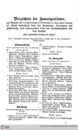 Verzeichnis der Haus=Eigentümer und Haus=Bewohner