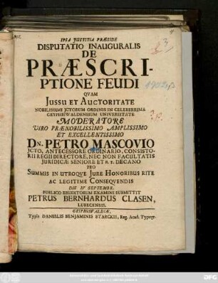 Disputatio Inauguralis De Præscriptione Feudi
