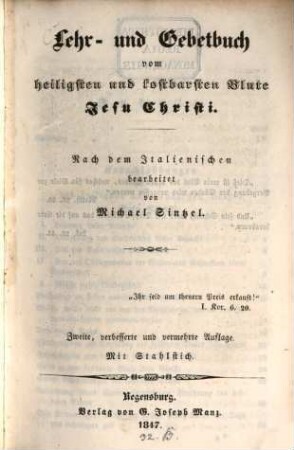 Lehr- und Gebetbuch vom heiligsten und kostbarsten Blute Jesu Christi