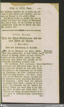 XVIII. Titul. Von den Ehren-Musterungen und andern Fällen zur Parade