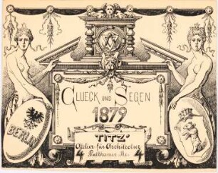 Neujahr Glückwunsch Karte 1879: Tafel mit Glückwünschen und zwei weiblichen Figuren die Wappen haltend
