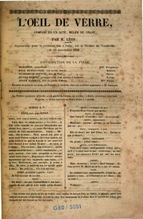 L'oeil de verre : comédie en un acte ; mêlée de chant
