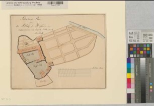 Herford (Herford) Abtei Lageplan 1808 20 rh. Ruten = 14,2 cm 33 x 41,5 kol. Zeichnung Menckhoff Abtei Herford, Akten XXXIX Nr. 9b (aufgelöst)