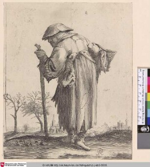 [Eine Bettlerin mit Stock und Korb; A female beggar with walking stick and basket in foreground, seen from behind but her face turned towards the viewer, a village with a church in background]