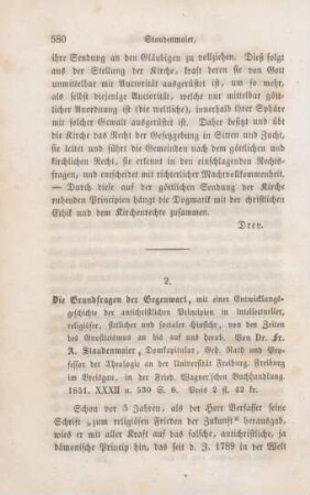 580-589 [Rezension] Staudenmaier, Franz Anton, Die Grundfragen der Gegenwart