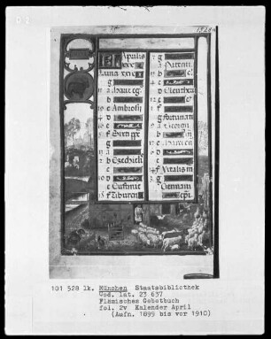 Flämisches Gebetbuch mit Kalender — Kalenderseite April mit Monatsbild und Tierkreiszeichen, Folio 2verso