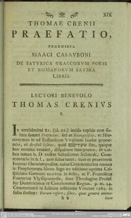 Thomae Crenii Praefatio, Praemissa Isaaci Casauboni De Satyrica Graecorum Poesi Et Romanorum Satira Libris