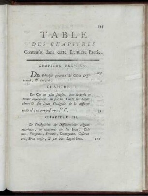 Table des Cahpitres Contnûs dans cette Premiere Partie.
