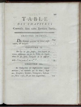 Table des Cahpitres Contnûs dans cette Premiere Partie.
