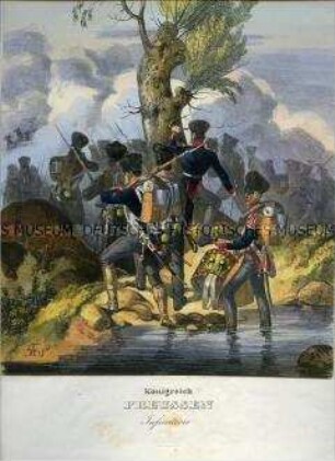 Uniformdarstellung, Infanterie beim Felddienst, Preußen, 1838/1843. Aus: Eckert/Monten: Das deutsche Bundesheer. Tafel 6.