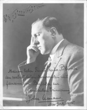 John Amans (1884-1958; Soloflötist New Yorker Philharmonie). Fotografie (Abzug mit Widmung an Theodor Blumer, bezeichnet 1925) des Ateliers Old Masters, New York vor 1926