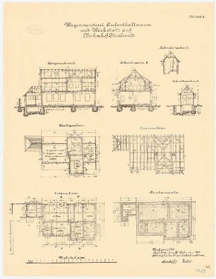 Bahnhofs-Nebengebäude, Stralsund Wagenmeisterei, Aufenthaltsraum, Werkstatt: Grundriss Fundamente, Erdgeschoss, Dachgeschoss, Sparrenlage, Längsschnitt, Querschnitt, 1:100