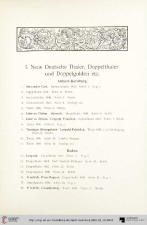I. Neue Deutsche Thaler, Doppelthaler und Doppelgulden etc. (Nr. 1 - 259)