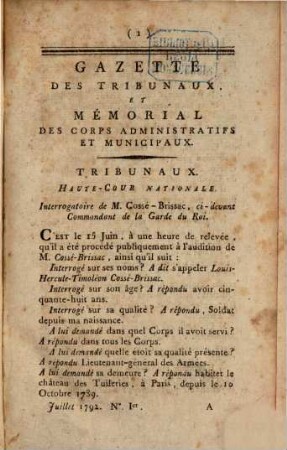 Gazette des tribunaux et mémorial des corps administratifs et municipaux, 5. 1792, 1. Juli - 14. Okt.