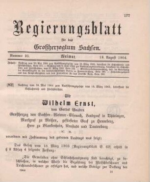 82. Nachtrag zum Ausführungsgesetze vom 18. März 1903, betreffend die Schlachtvieh- und Fleischbeschau