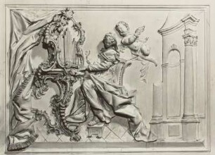 Stuckrelief mit Heiliger Cäcilie : Jagdschloss Hubertusburg, Schlosskapelle. Stuckrelief mit Heiliger Cäcilie über der linken Empore