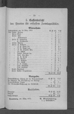 5. Cassenbericht des Vereins für entlassene Sonntagsschüler.