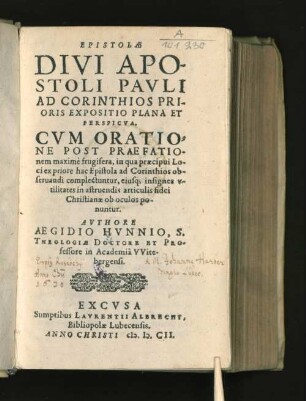 Epistolae Divi Apostoli Pauli Ad Corinthios Prioris Expositio Plana Et Perspicua : Cum Oratione POst Praefationem maxime frugifera ...