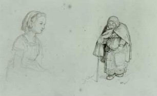 Figurenstudien: sitzendes Mädchen, alte Frau mit Stock