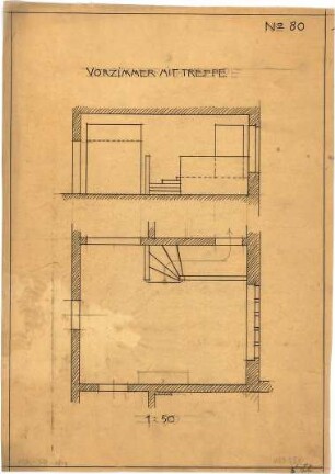 Pfann, Paul; Übungsblätter zur Perspektive - Vorzimmer mit Treppe (Grundriss, Längsschnitt)