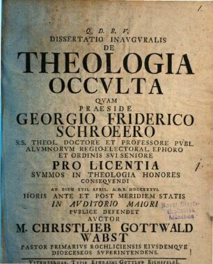 Diss. inaug. de theologia occulta