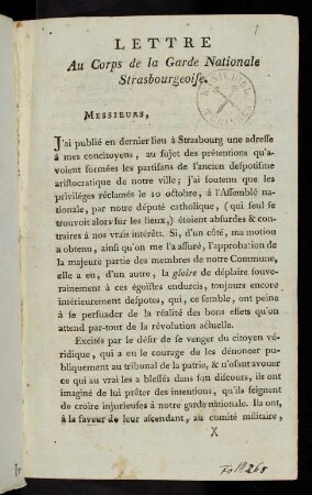 Lettre Au Corps de la Garde Nationale Strasbourgeoise