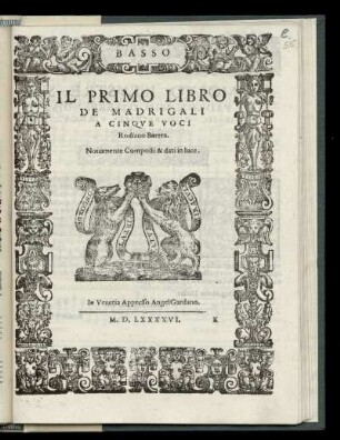 Rodiano Barera: Il primo libro de madrigali a cinque voci. Basso