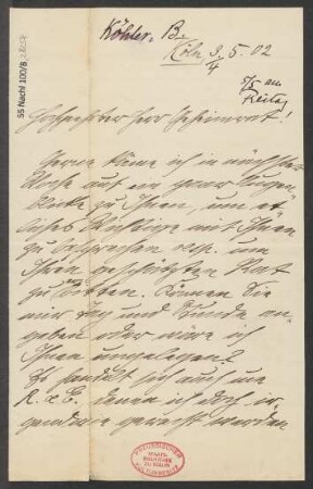 Brief an Ludwig Strecker  und B. Schott's Söhne : 03.05.1902